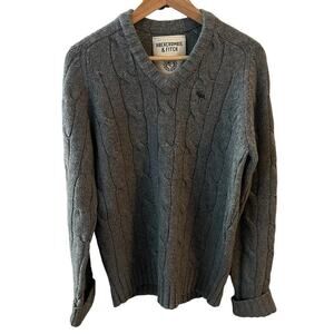 Vintage Men’s SZ M Y2K Gray V-neck Wool Cashmere Blend Cable Knit Sweater